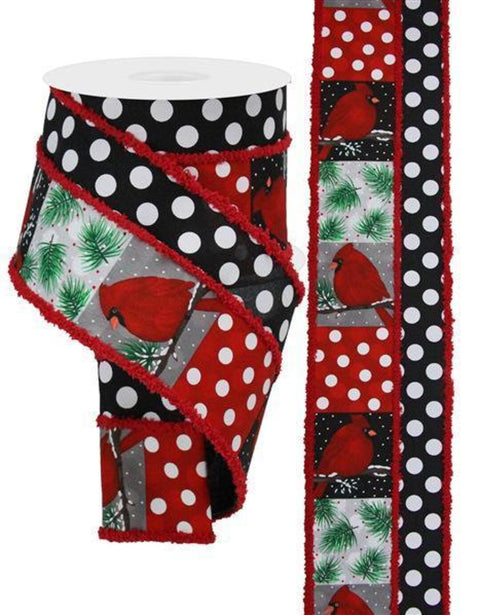 Red Cardinal w/ Black & White Blocked Wired Ribbon - 4" x 10yds