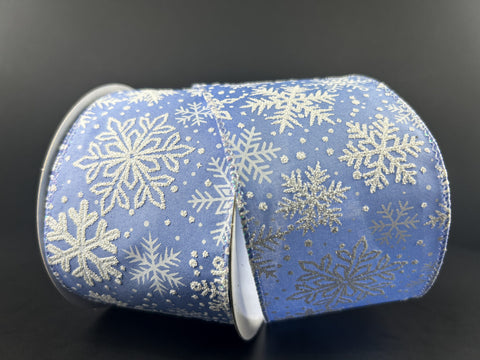 Periwinkle Metallic White Glitter Snowflake Wired Ribbon - 2.5" x 10yds