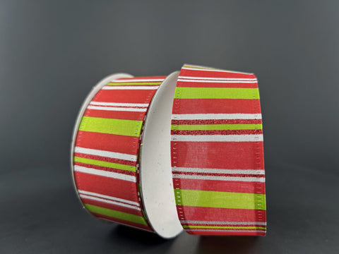 Lime & Red Glitter Horizontal Stripe Wired Ribbon - 1.5" x 10yds