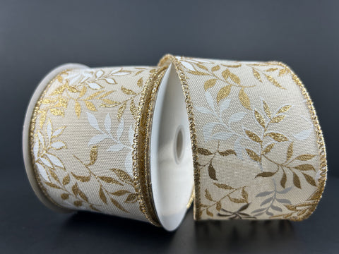 White & Gold Pressed Branches Wired Ribbon - 2.5" x 10yds