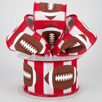 Red & White Burlap Stripes w/ Football Wired Ribbon - 2.5" x 10yds