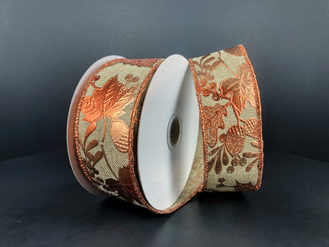 Rust Embossed Leaves On Burlap Wired Ribbon - 1.5" x 10yds