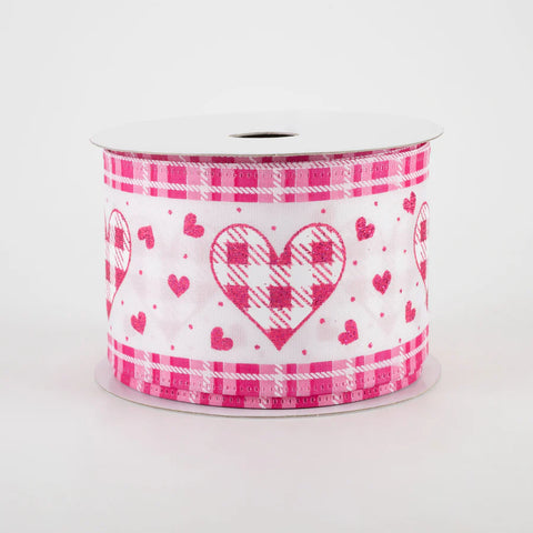Pink Gingham Hearts Plaid Wired Ribbon - 2.5" x 10yds