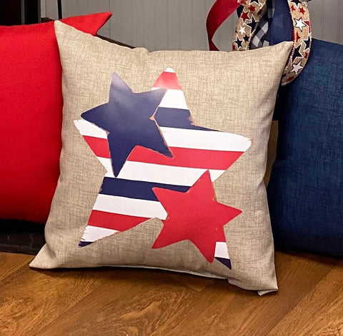 Custom Pillow - Let Freedom Ring Star Patriotic on Beechwood Tan Outdoor Fabric