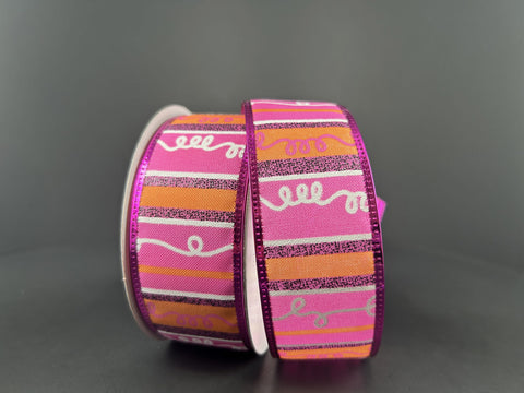 Orange & Fuchsia Glitter Stripes Loopy Wired Ribbon - 1.5" x 10yds