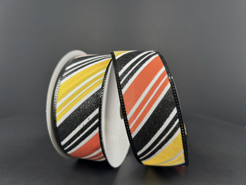 Yellow, Orange & Black Glitter Diagonal Stripe Wired Ribbon - 1.5" x 10yds