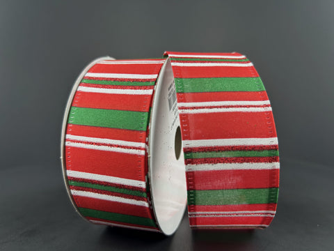Emerald, Red & White Horizontal Stripes Wired Ribbon - 1.5" x 10yds