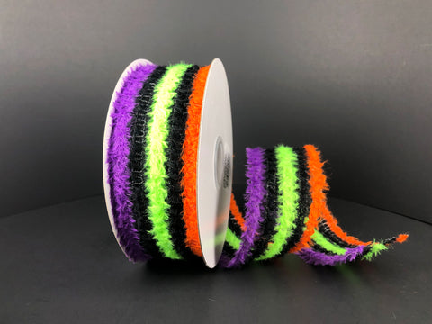 Purple, Lime & Green Fuzzy Stripes On Black Wired Ribbon - 1.5" x 10yds