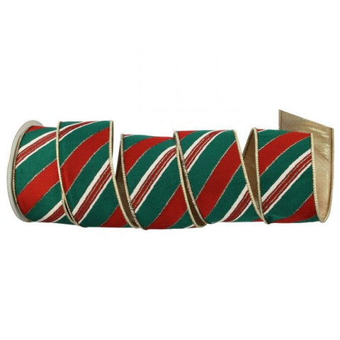 Red & Green Diagonal Stripe Jacqured Wired Ribbon - 2.5" x 10yds