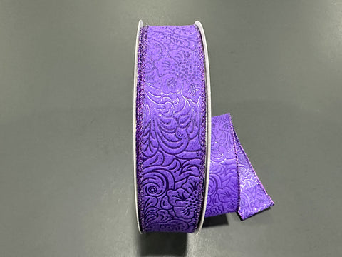 Purple Glittered Flower Embossed Wired Ribbon - 1.5" x 50yds