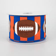Royal Blue & Orange Striped Football Wired Ribbon - 2.5" x 10yds
