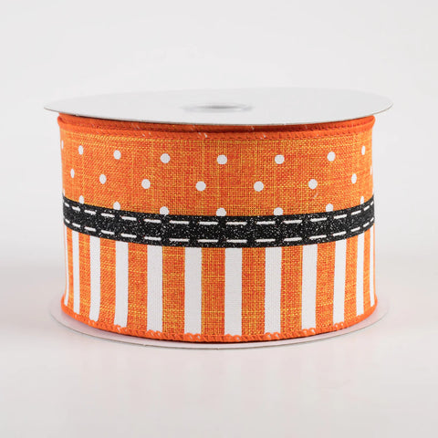 Orange, Black & White Stripes & Dots Wired Ribbon - 2.5" x 10yds
