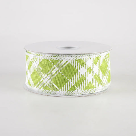 Lime Green & White Diagonal Plaid Wired Ribbon - 1.5" x 10yds