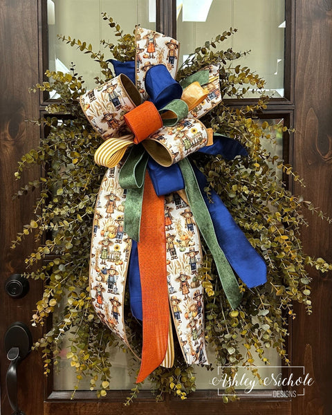 Fall Eucalyptus Oval Wreath with Scarecrow Bow