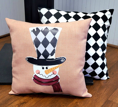 Custom Pillow - Classy Winter Snowman on Woven Blush Outdoor Fabric