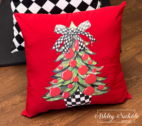 Custom Pillow - Christmas Tree - CHECKERED Bow on Red Outdoor Fabric
