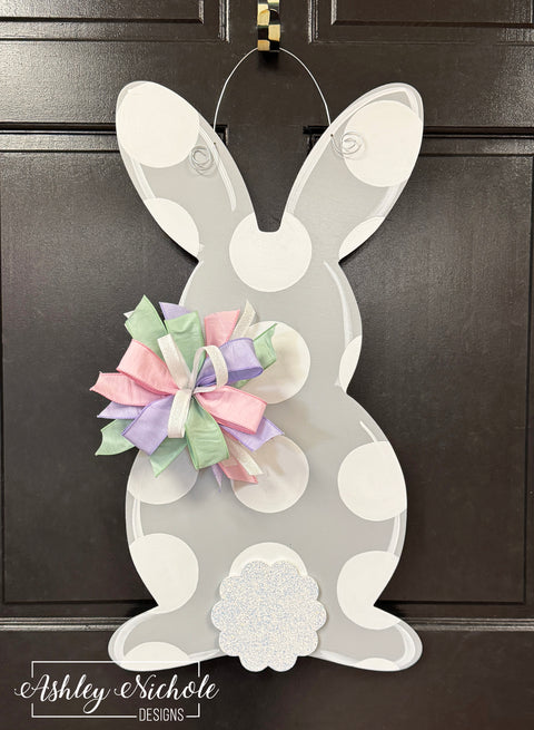 **Cottontail Polka Dot Bunny - GRAY - Door Hanger (Hand-Painted)**