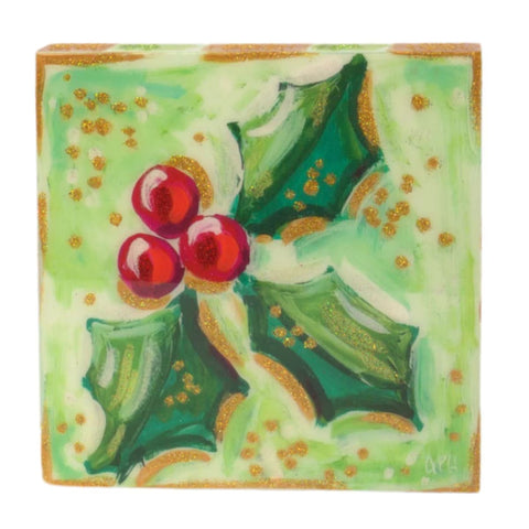 6" Resin Holly Bough Square Sitter