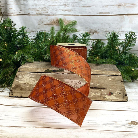 Persimmon Glitter Lattice Wired Edge Ribbon - 2.5" x 10yds