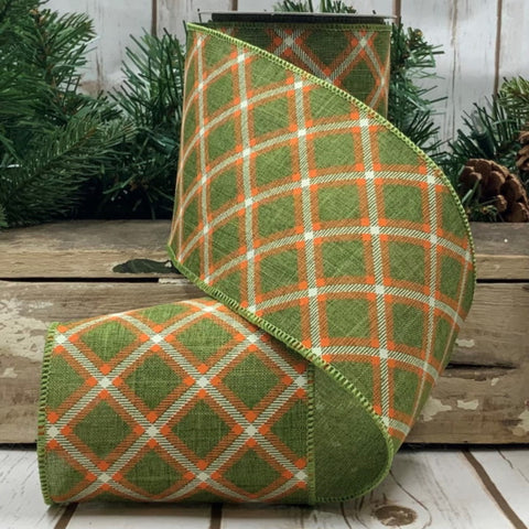 Olive Criss-Cross Linen Wired Ribbon - 4" x 10yds
