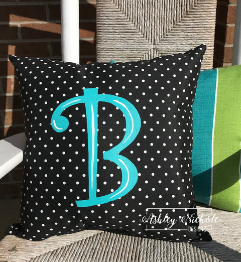 Custom Pillow - Initial on Black & White Mini Dot Outdoor Fabric