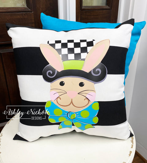 Custom Pillow - Checkered Top Hat Bunny on Black & White Stripe Outdoor Fabric