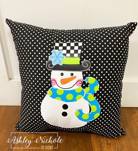 Custom - Checkered Snowman Pillow - BOY Version on Black & White Mini Dot Outdoor Fabric