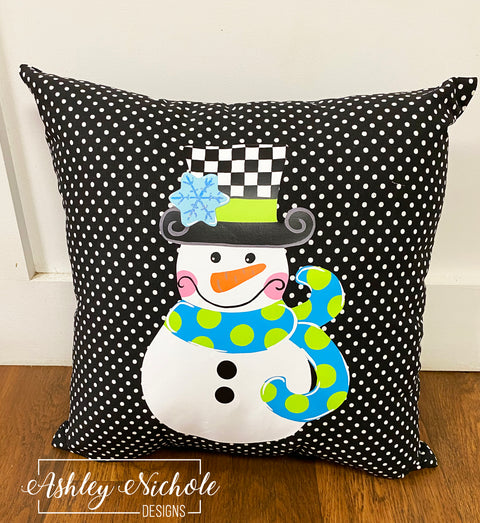 Custom Pillow - Checkered Snowman - BOY Version on Black & White Mini Dot Outdoor Fabric