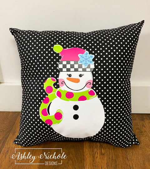 Custom Pillow - Checkered Snowman - GIRL Version on Black & White Mini Dot Outdoor Fabric