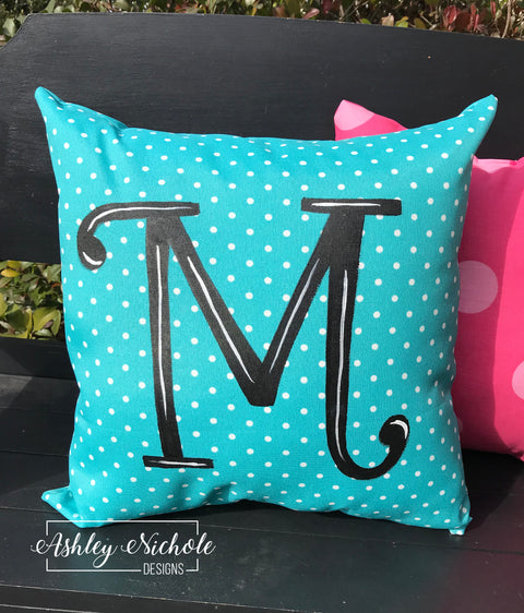 Custom - Initial Pillow on Turquoise & White Mini Dot Outdoor Fabric