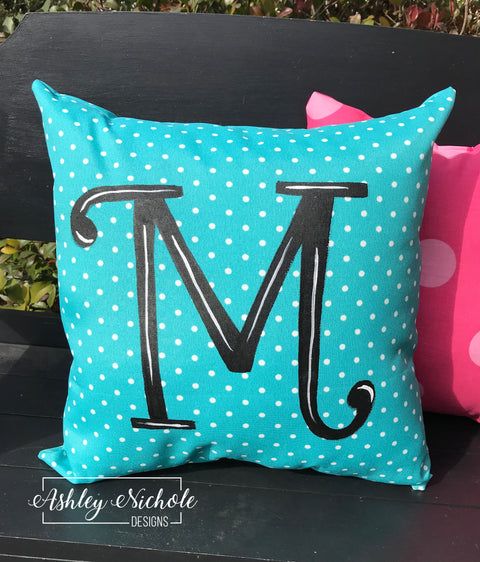 Custom Pillow - Initial on Turquoise & White Mini Dot Outdoor Fabric