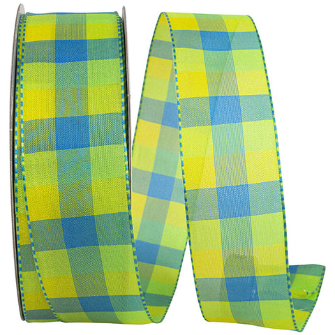 Plaid Bright Green/Blue Wired Ribbon - 1.5" x 50yds