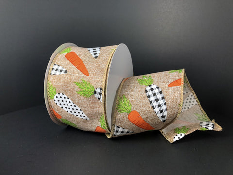 Orange, Polka Dot & Check Carrots on Burlap Wired Ribbon - 2.5" x 10yds