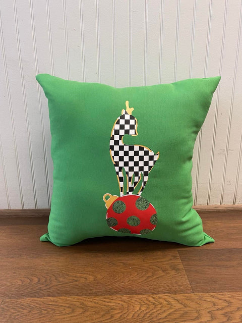 Custom Pillow - Reindeer & Ornament Pillow on Kelly Green Outdoor Fabric