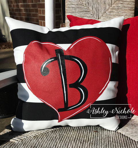 Custom Pillow - Red Heart - Initial - on Black & White Stripe Outdoor Fabric