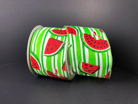 Lime & White Stripes w/ Watermelons Wired Ribbon - 2.5" x 10yds