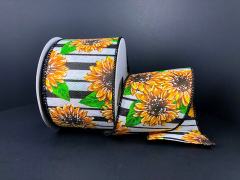 Black & White Striped Sunflowers Wired Ribbon - 2.5" x 10yds