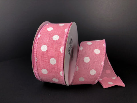 Pink Linen w/ White Polka Dots Wired Ribbon- 1.5" x 10yds