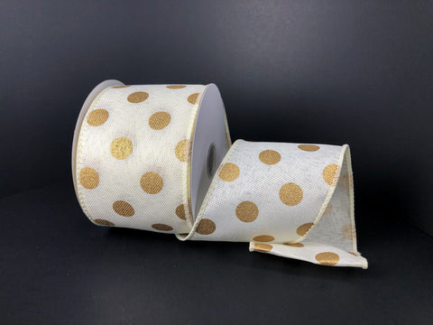 Ivory w/ Gold Polka Dots Wired Ribbon - 2.5" x 10yds