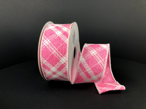 Pink & White Diagonal Plaid Wired Ribbon - 1.5" x 10yds