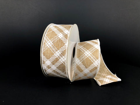 Natural & White Diagonal Plaid Wired Ribbon - 1.5" x 10yds