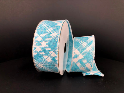 Aqua w/ White Diagonal Plaid Wired Ribbon - 1.5" x 10yds