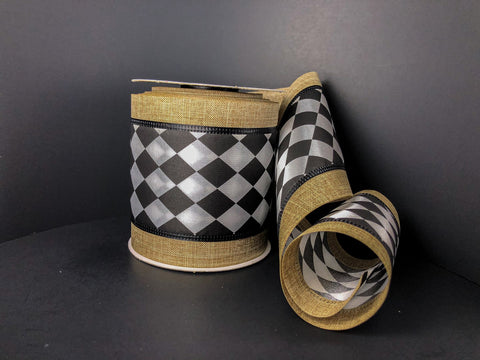 Diamond w/ Burlap Edge Wired Ribbon - 4" x 10yds