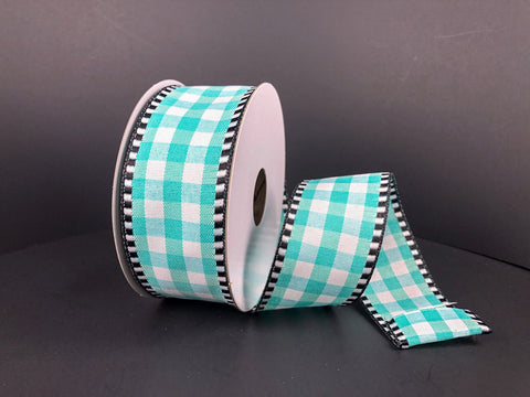 Poly Plaid Wired Ribbon - Aqua/Black/White - 1.5"x10Y