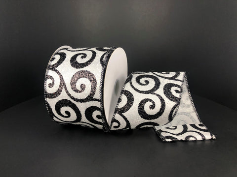 White Glitter w/ Black Swirl Wired Ribbon - 2.5" x 10yds