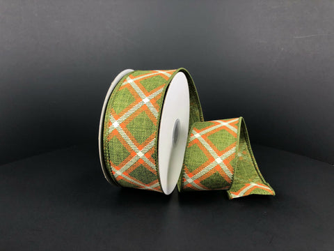Olive Green w/ Rust Asher Plaid Wired Ribbon - 1.5" x 10yds