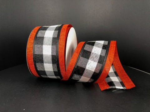 Black & White Buffalo Check w/ Burnt Orange Border Wired Ribbon - 2.5" x 10yds