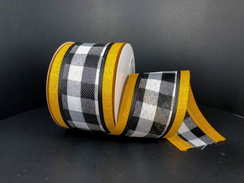 Black & white Buffalo Check w/ Sunflower Yellow Border Wired Ribbon - 2.5" x 10yds