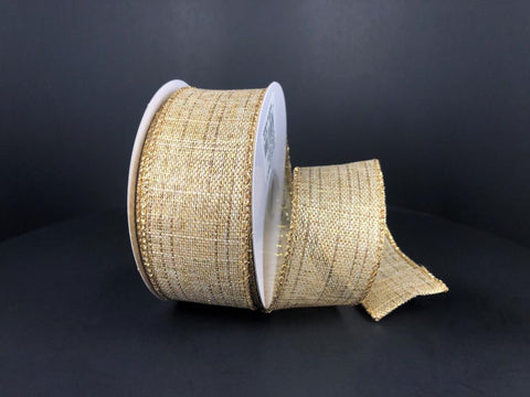 Natural Burlap with Woven Gold Wired Ribbon - 2.5" x 10yds