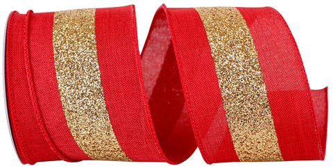 Red & Gold Bold Glitter Center Stripe Wired Ribbon - 2.5" x 10yds